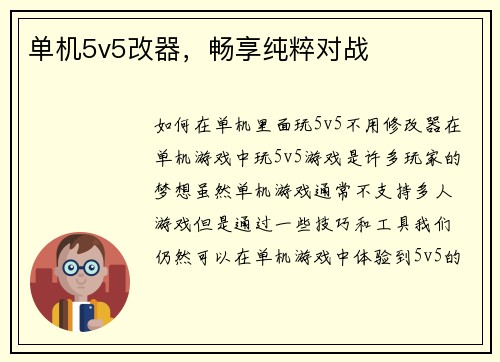 单机5v5改器，畅享纯粹对战